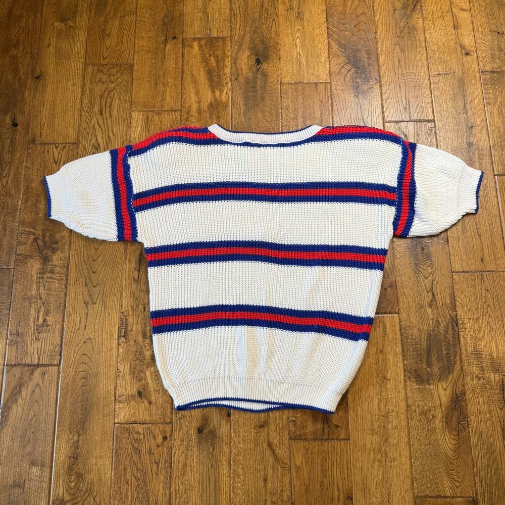 VTG Yarnworks White Red Blue Striped Short Sleeve Knit Sweater Womens L USA - Picture 6 of 6